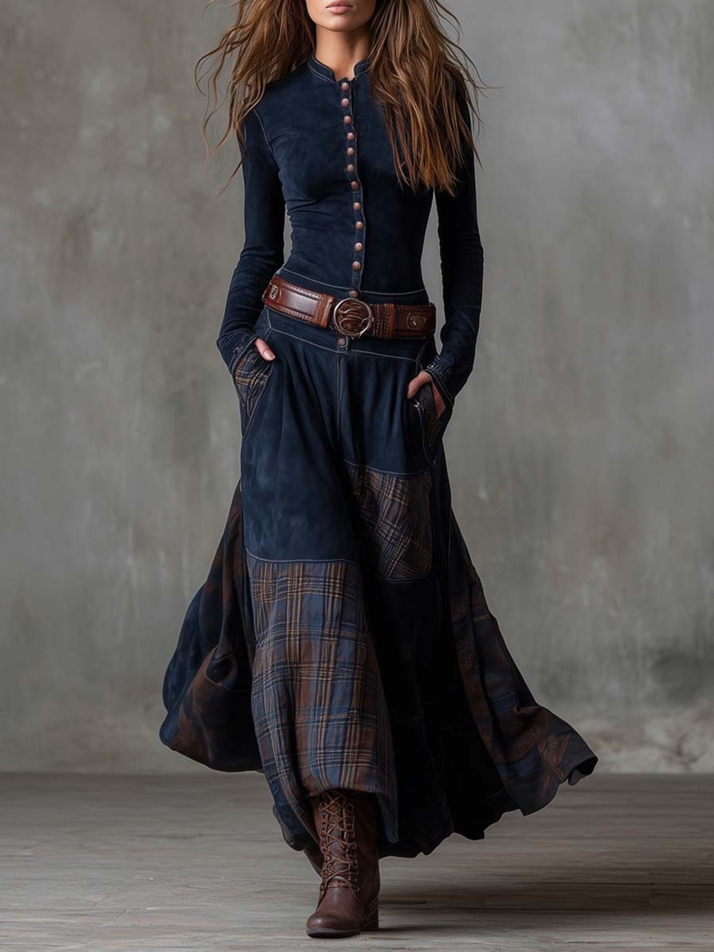 Full Size Button Front Plaid Patchwork Maxi Dress Plus Size